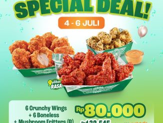Promo Wingstop HUT BNI Paket Ayam Rp. 80.000 berisi 6 Crunchy Wings, 6 Boneless, dan Mushroom Fritters dengan QRIS wondr by BNI.