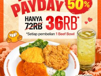 Promo Yoshinoya Payday NasGul Komplit Diskon 50% paket Beef Bowl dan Ocha hemat.