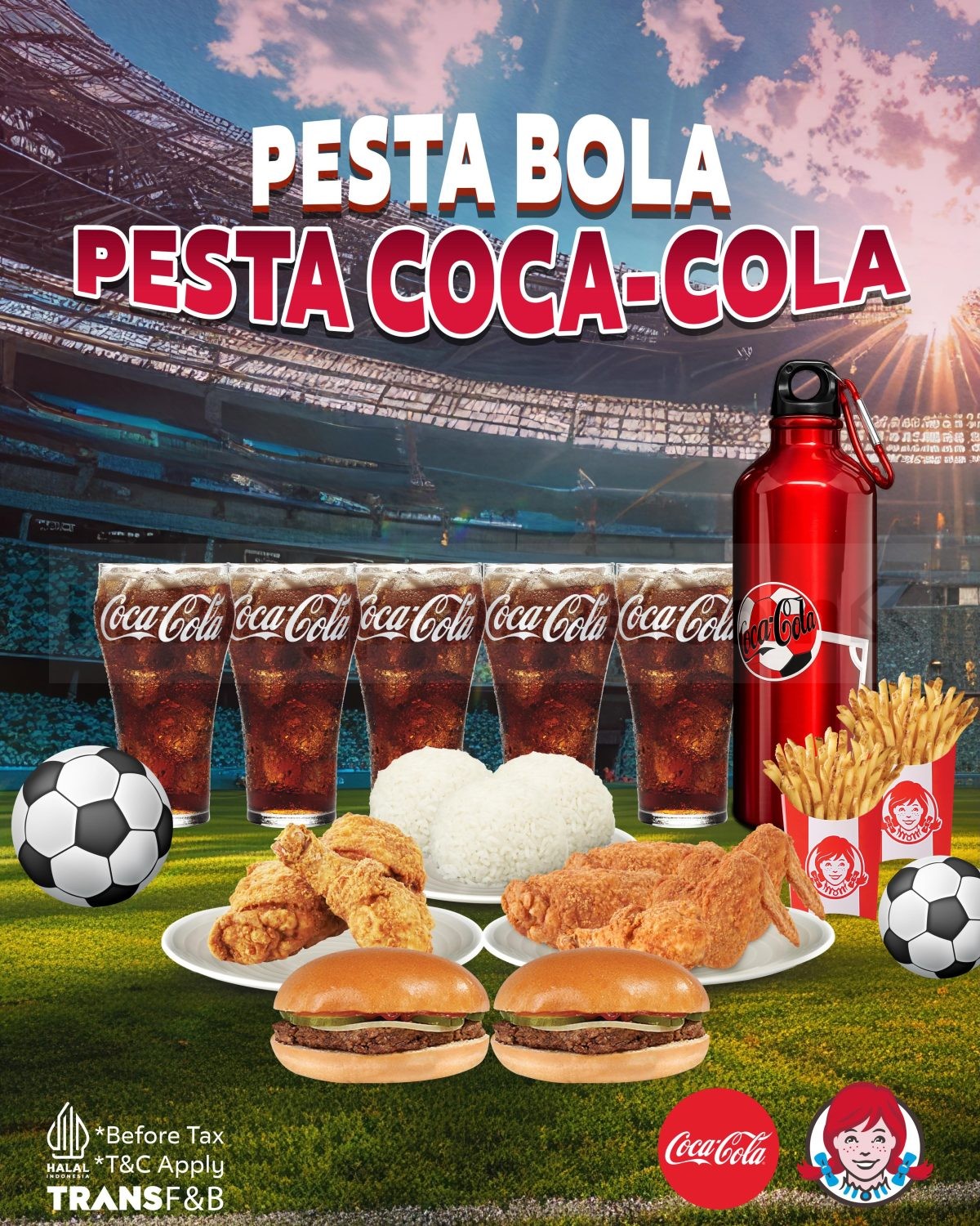 Promo Wendy’s Pesta Bola Coca-Cola Mulai Dari Rp. 136.364 & Gratis Tumbler Promo Wendy’s Pesta Bola Coca-Cola mulai Rp. 136.364 paket nobar lengkap dengan ayam burger dan gratis tumbler