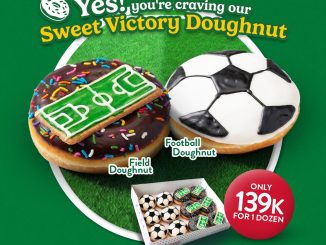 Promo Krispy Kreme Sweet Victory Doughnut 1 Lusin Rp. 139.000 dengan Football Doughnut dan Field Doughnut edisi sepak bola.