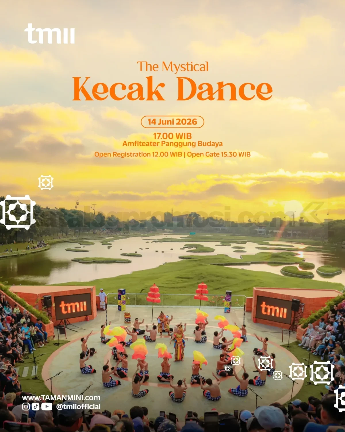 Pertunjukan Tari Kecak di TMII Pertunjukan Tari Kecak di TMII pada 14 Juni 2026 di Amfiteater Panggung Budaya dengan kisah Ramayana khas Bali.