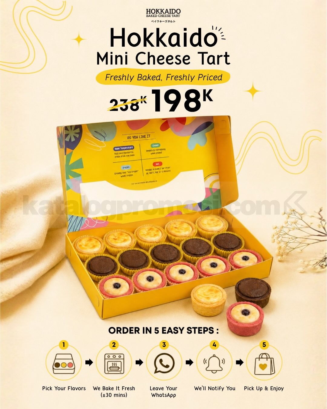 Promo Hokkaido Mini Cheese Tart Box 15 Pcs Rp. 198.000 Promo Hokkaido Mini Cheese Tart Box 15 Pcs Rp. 198.000 dengan pilihan rasa Original, Chocolate, dan Blueberry.