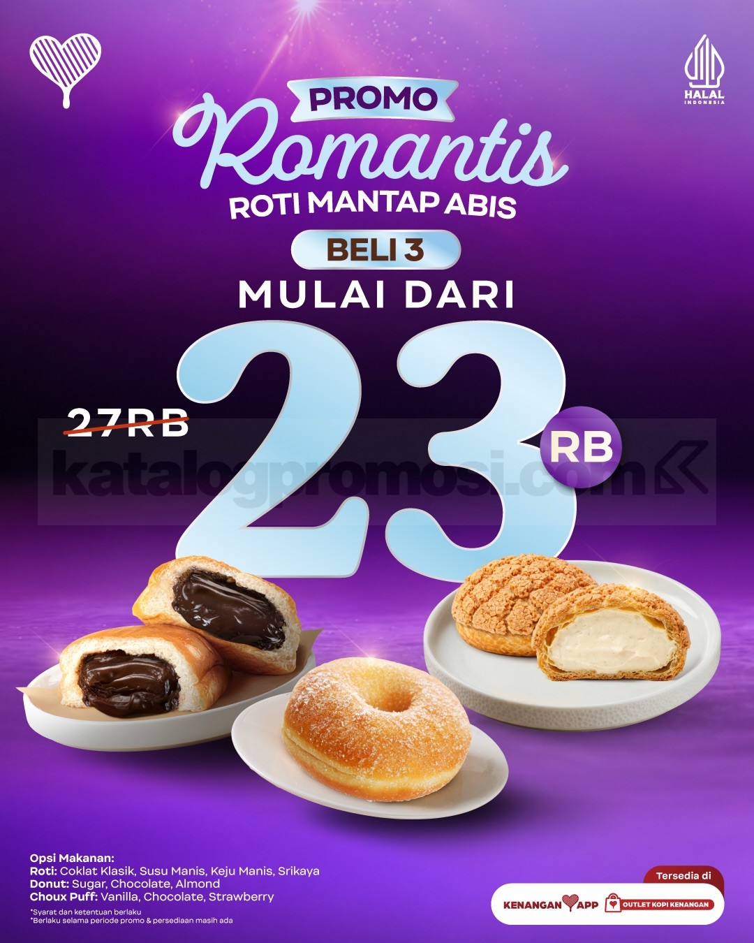 Promo Kopi Kenangan Romantis Roti Mantap Abis Beli 3 mulai Rp. 23.000 Promo Kopi Kenangan Romantis Roti Mantap Abis Beli 3 mulai Rp. 23.000 untuk roti, donut, dan choux mix & match.