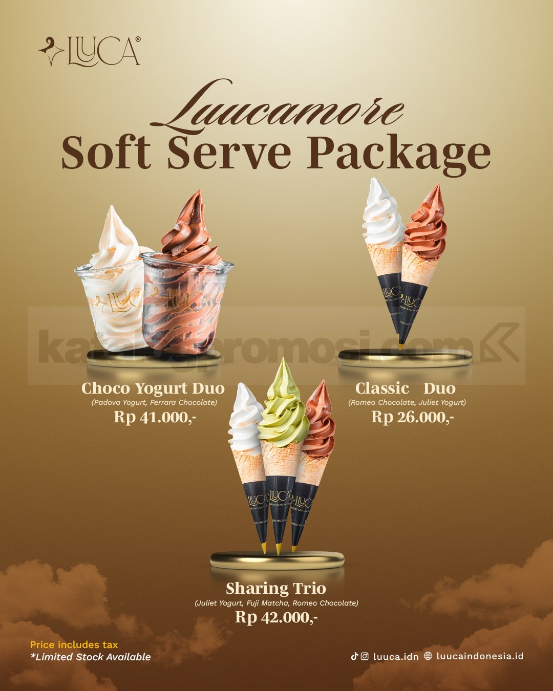 Promo Luuca Soft Serve Package Mulai Rp. 26.000 Promo Luuca Soft Serve Package Mulai Rp. 26.000 dengan pilihan bundle Classic Duo, Choco Yogurt Duo, dan Sharing Trio.