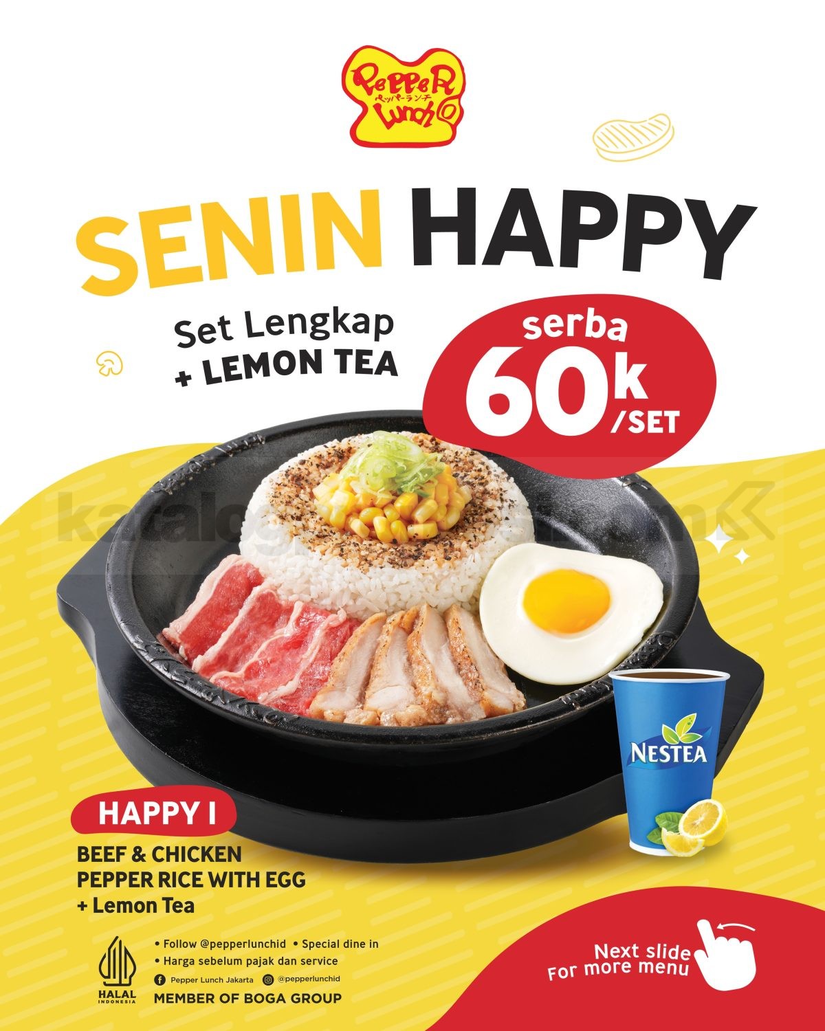 Promo Pepper Lunch Senin Happy Serba Rp 60Ribu Promo Pepper Lunch Senin Happy Serba Rp. 60.000 untuk tiga pilihan Pepper Rice setiap hari Senin.
