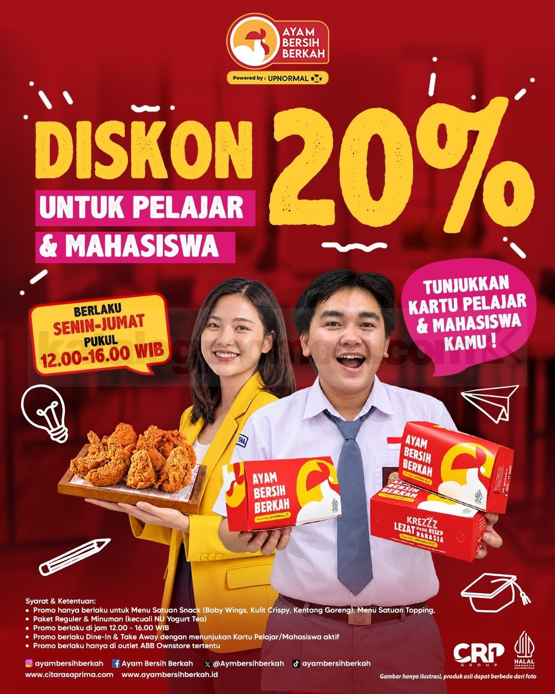 Promo Ayam Bersih Berkah Diskon 20% untuk Pelajar dan Mahasiswa Promo Ayam Bersih Berkah diskon 20% untuk pelajar dan mahasiswa di outlet ABB Ownstore tertentu.