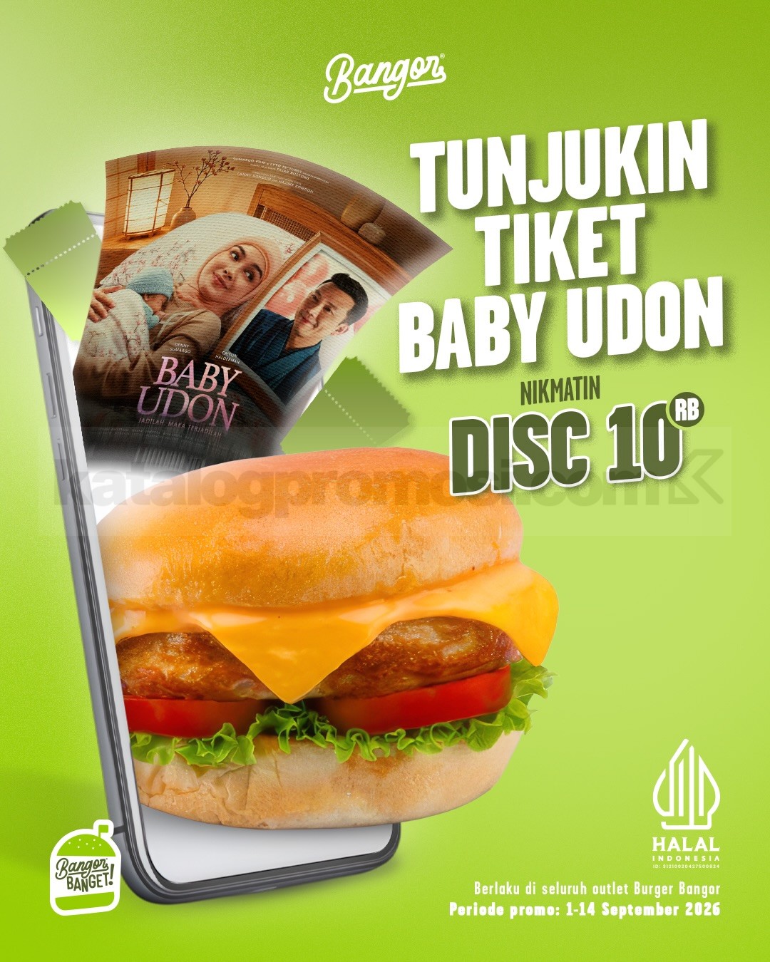 Promo Burger Bangor Diskon Rp. 10.000 Pakai Tiket Baby Udon Promo Burger Bangor Diskon Rp. 10.000 dengan tiket Baby Udon di seluruh outlet Burger Bangor