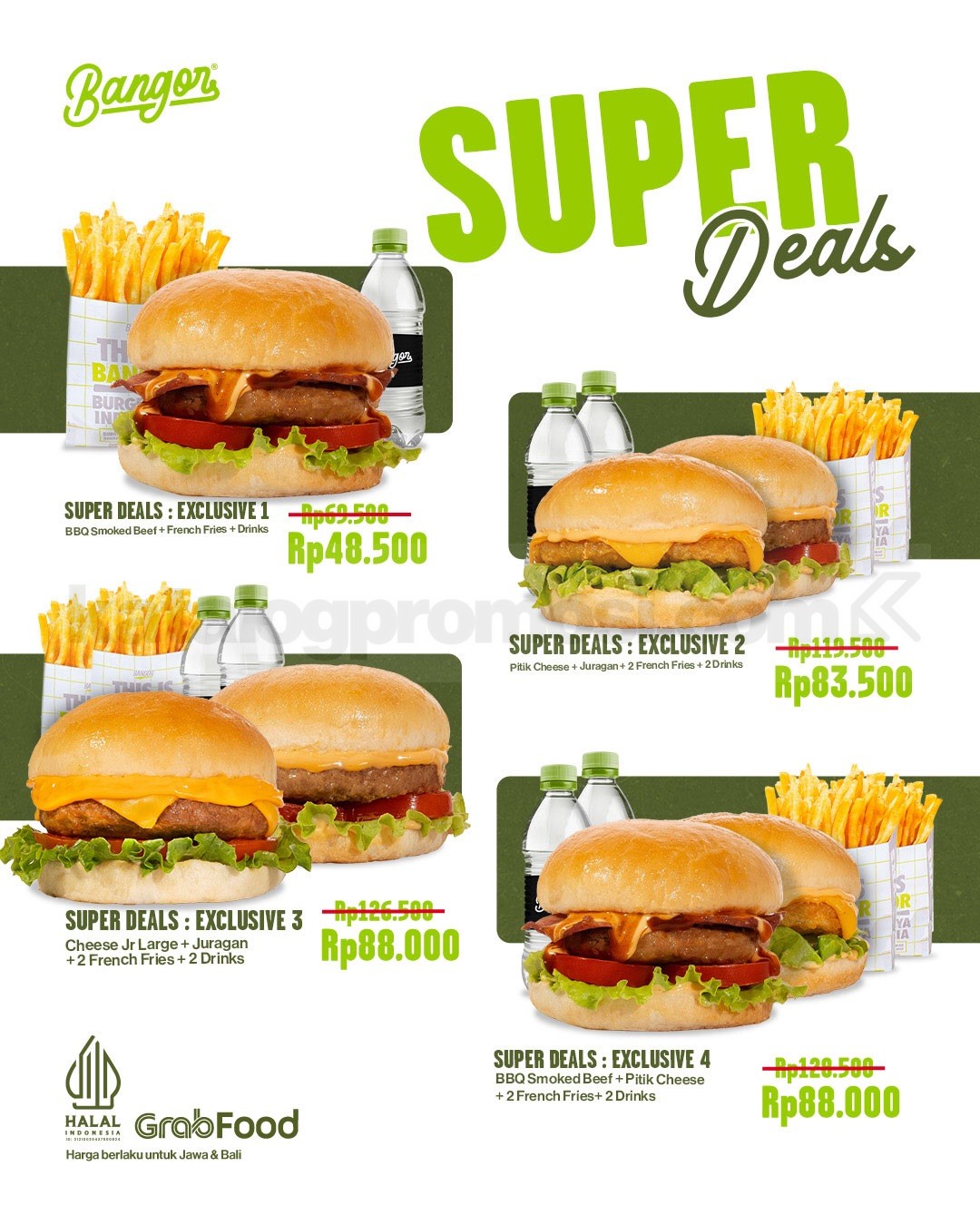 Promo Burger Bangor Super Deals Mulai Rp. 48.500 Promo Burger Bangor Super Deals Mulai Rp. 48.500 dengan pilihan paket burger, French Fries, dan minuman di GrabFood.