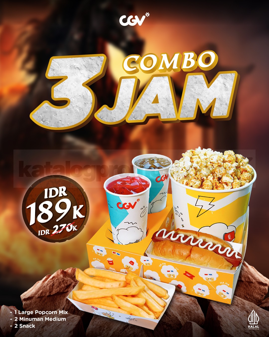Promo CGV The Odyssey Combo 3 Jam Rp. 189.000 Promo CGV The Odyssey Combo 3 Jam Rp. 189.000 berisi popcorn, 2 minuman, dan 2 snack di seluruh outlet CGV.