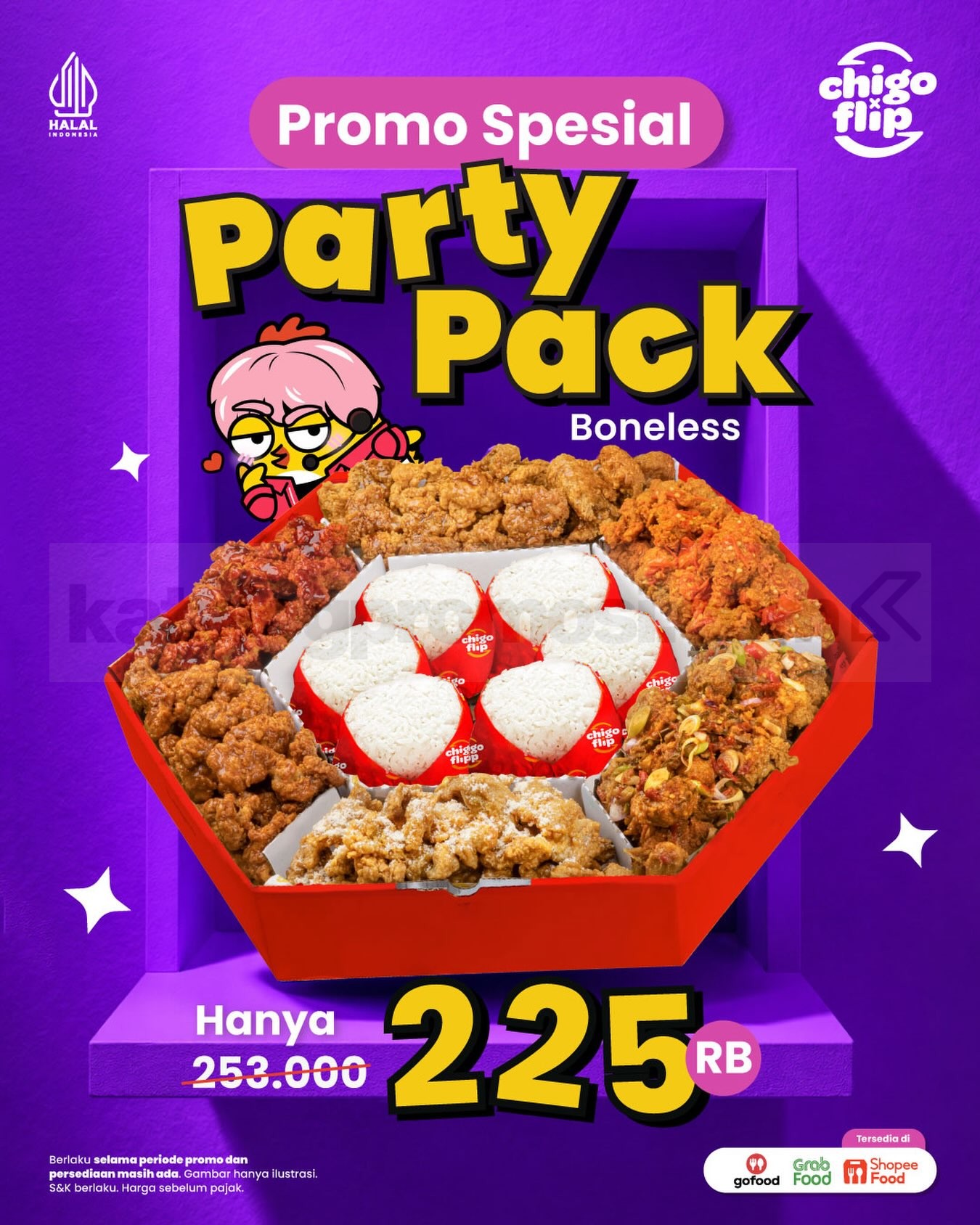 Promo Chigo x Flip Spesial Party Pack Boneless Rp225rb Promo Chigo x Flip Spesial Party Pack Boneless Rp225rb untuk makan bersama teman.
