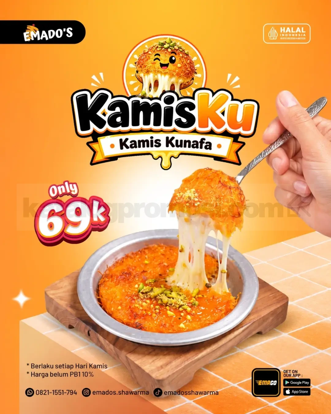Promo Emado's Kamis Kunafa Rp69.000 Promo Emado's Kamis Kunafa Rp69.000 dengan keju melted dan tekstur renyah