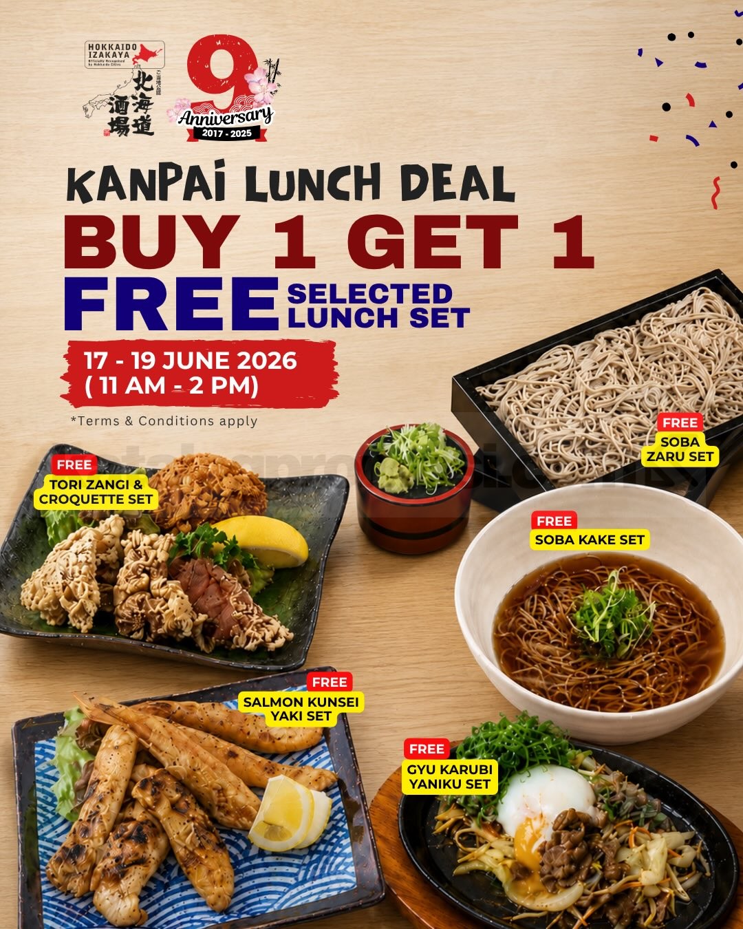 Promo Hokkaido Izakaya 9th Anniversary Beli 1 Gratis 1 Promo Hokkaido Izakaya 9 Anniversary Beli 1 Gratis 1 dengan Selected Lunch Set dan Dinner Rewards