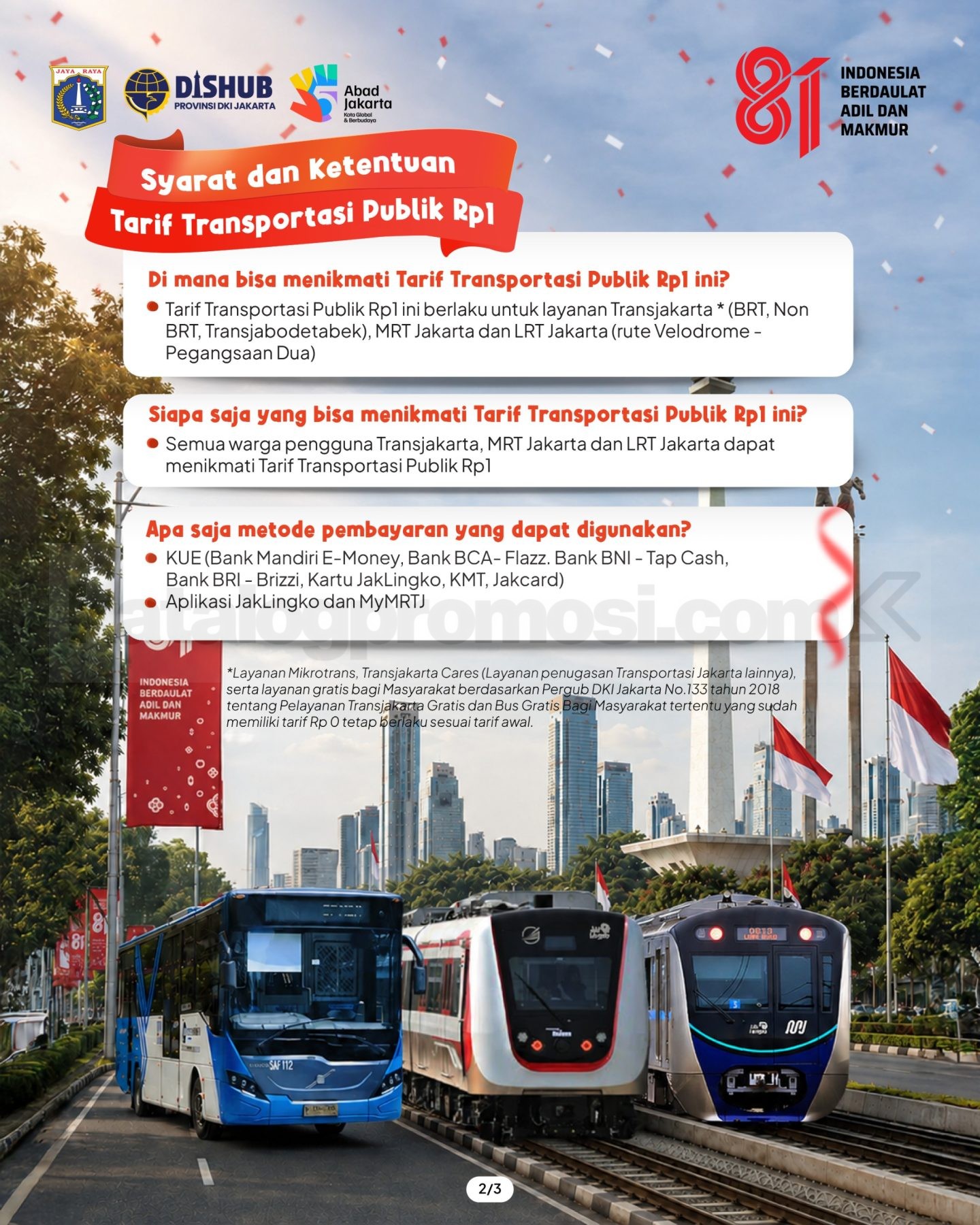 Promo HUT 81 RI Tarif Transjakarta, MRT dan LRT Rp 1,-