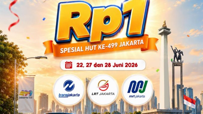 Promo HUT JAKARTA 499 Transjakarta, MRT dan LRT Rp 1,- pada 22, 27, dan 28 Juni 2026