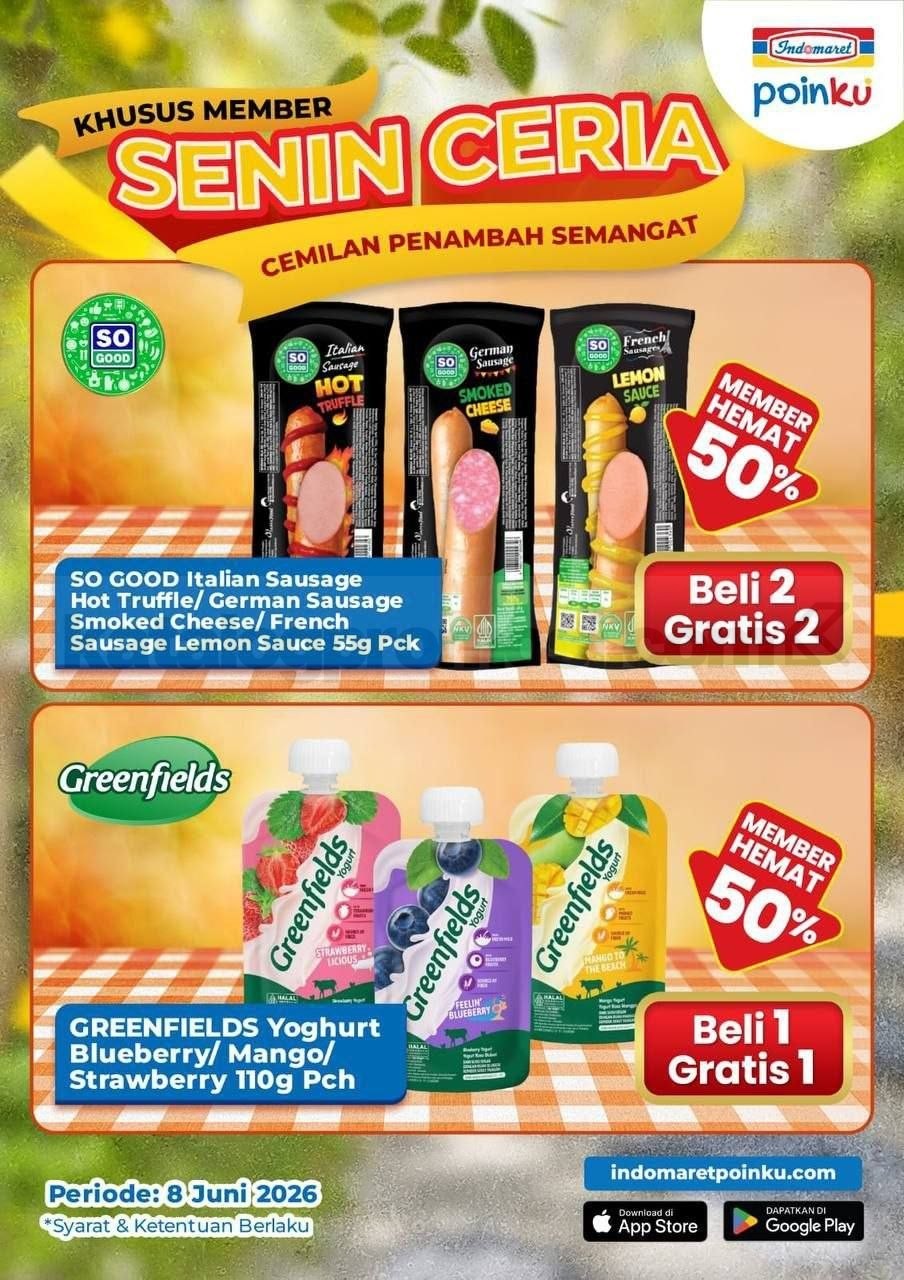 Promo Indomaret Senin Ceria BELI 1 GRATIS 1 Khusus Member Promo Indomaret Senin Ceria Khusus Member 8 Juni 2026 dengan promo BELI 2 GRATIS 2 dan BELI 1 GRATIS 1