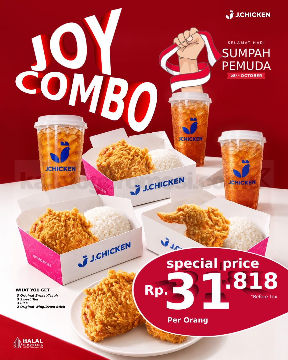 Promo J.Chicken Sumpah Pemuda Joy Combo Rp31.818 Promo J.Chicken Sumpah Pemuda Joy Combo Rp31.818 dengan 5 ayam crispy, 3 nasi putih, dan 3 Sweet Tea.