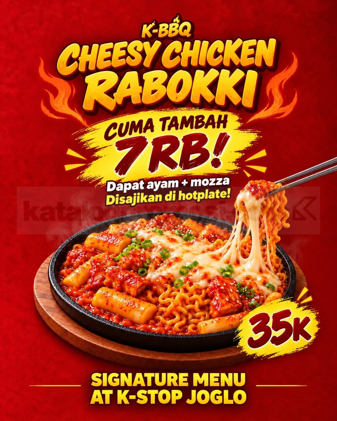 Promo K-STOP Joglo Cheesy Chicken Rabokki Hotplate Rp35.000 Promo K-STOP Joglo Cheesy Chicken Rabokki Hotplate Rp35.000 dengan ayam, mozzarella, ramyeon, dan topokki.