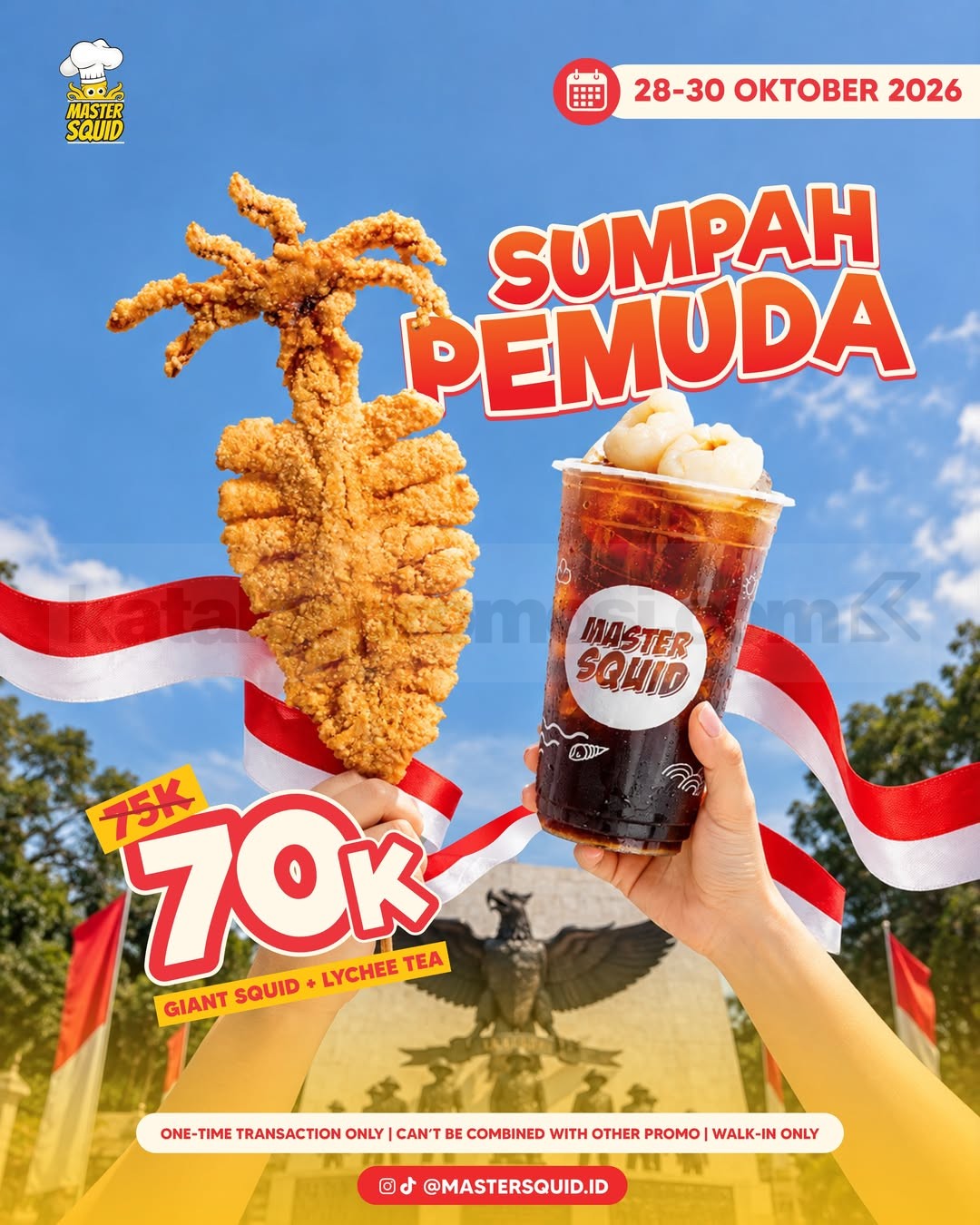 Promo Master Squid Sumpah Pemuda Combo Spesial Rp70.000 Promo Master Squid Sumpah Pemuda Combo Spesial Rp70.000 dengan Giant Squid crispy dan Lychee Tea.