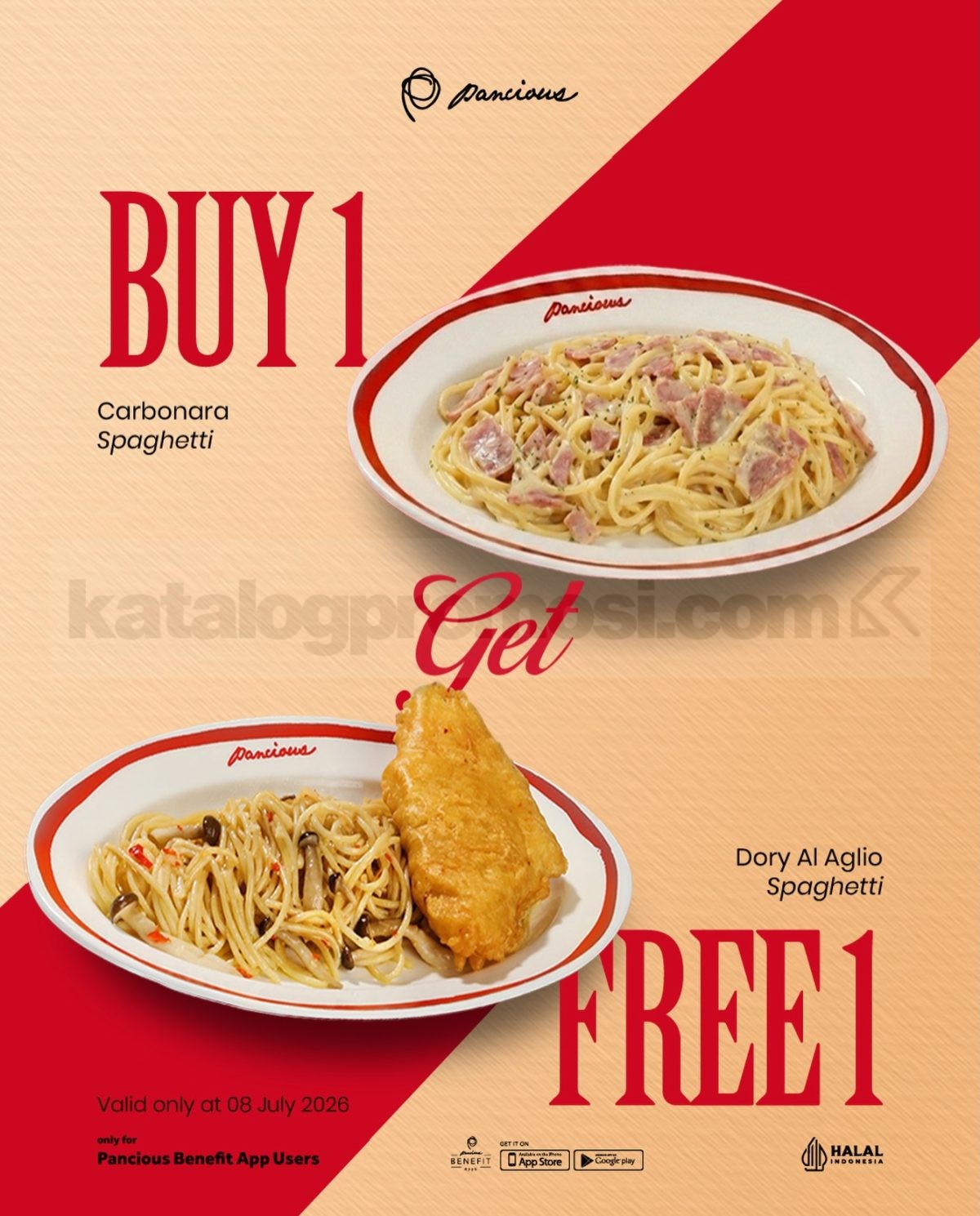 Promo Pancious Buy 1 Get 1 Free Spaghetti Promo Pancious Buy 1 Get 1 Free Spaghetti beli Carbonara Spaghetti gratis Dory Al Aglio Spaghetti pada 8 Juli 2026.