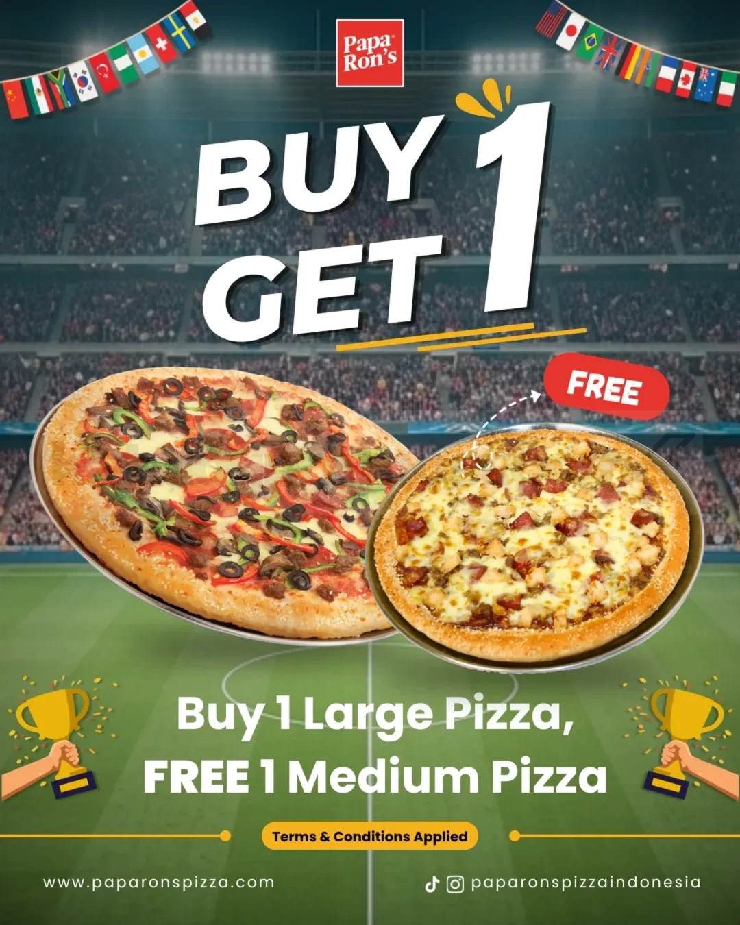Promo Papa Ron's Pizza Beli 1 Gratis 1 Pizza Promo Papa Ron's Pizza Beli 1 Gratis 1 Pizza dapat Medium Pizza gratis saat beli Large Pizza