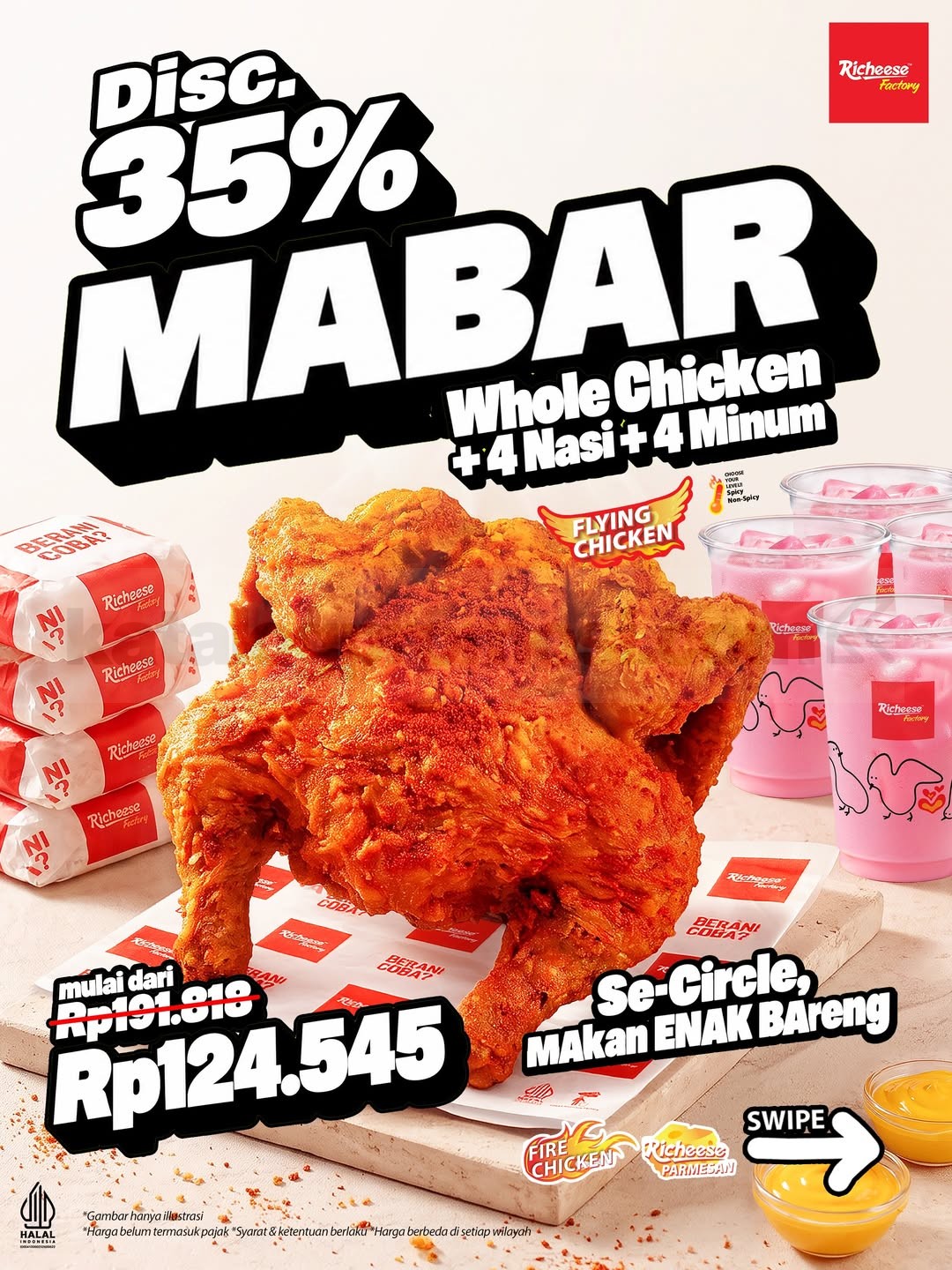 Promo Richeese Factory Combo Mabar Whole Chicken Diskon 35% Promo Richeese Factory Combo Mabar Whole Chicken Diskon 35% dengan pilihan paket ayam utuh mulai Rp124.545.