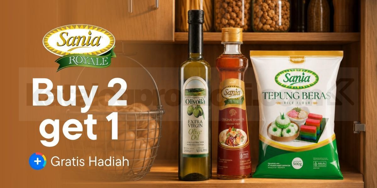 Promo Sania Blibli Beli 2 Gratis 1 Minyak Wijen Promo Sania Blibli Beli 2 Gratis 1 Minyak Wijen dan bonus apron untuk pembelian tepung beras.