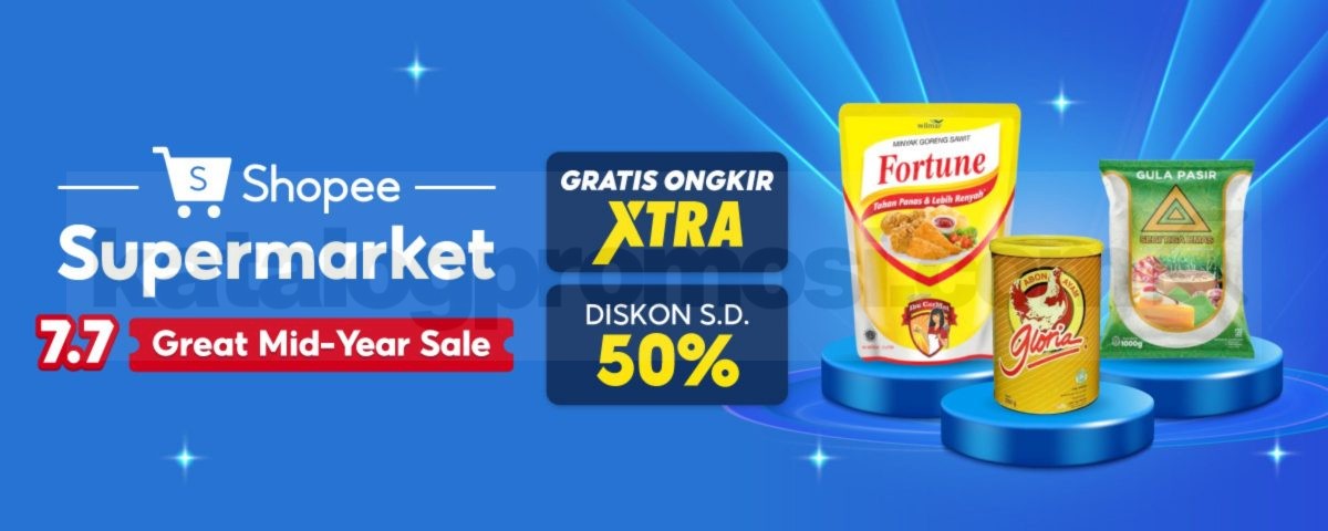 Promo Shopee Supermarket 7.7 Diskon hingga 50% Promo Shopee Supermarket 7.7 Diskon hingga 50% dan Gratis Ongkir XTRA untuk kebutuhan harian.