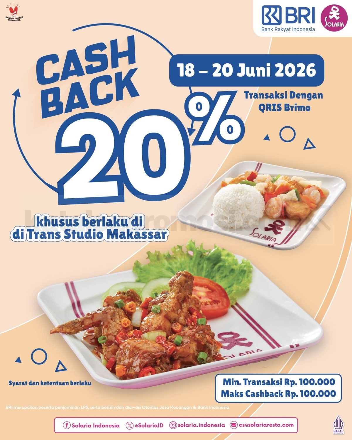 Promo Solaria BRImo Cashback 20% Promo Solaria BRImo Cashback 20 persen di Trans Studio Mall Makassar hingga 20 Juni 2026