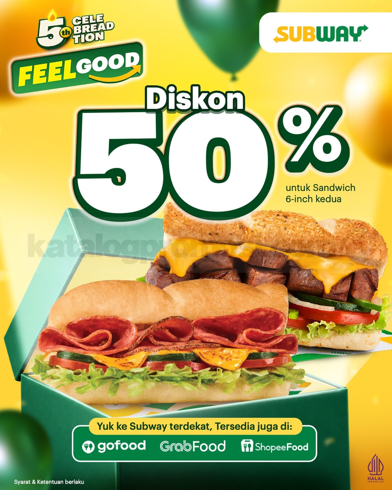 Promo Subway Anniversary Diskon 50% Sandwich Kedua Promo Subway Anniversary diskon 50% untuk 6-inch Sandwich kedua sepanjang Oktober 2026