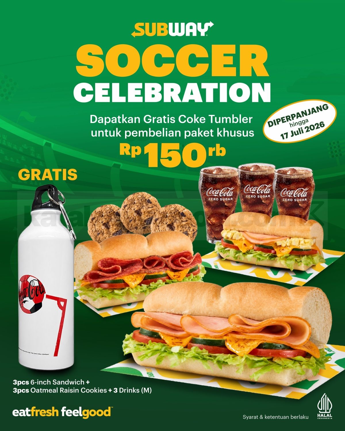 Promo Subway Soccer Celebration Gratis Tumbler Coca-Cola Promo Subway Soccer Celebration gratis Tumbler Coca-Cola dengan paket Rp. 150.000 hingga 17 Juli 2026.