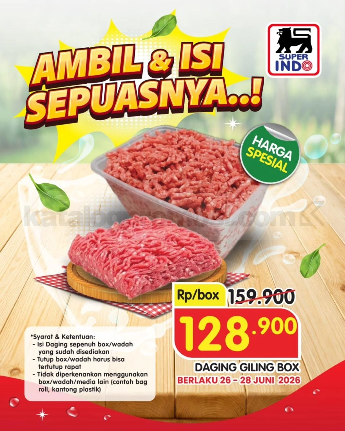 Promo Super Indo Ambil & Isi Sepuasnya Daging Sapi Giling Promo Super Indo Ambil & Isi Sepuasnya Daging Giling dengan harga Rp. 128.900 per box.
