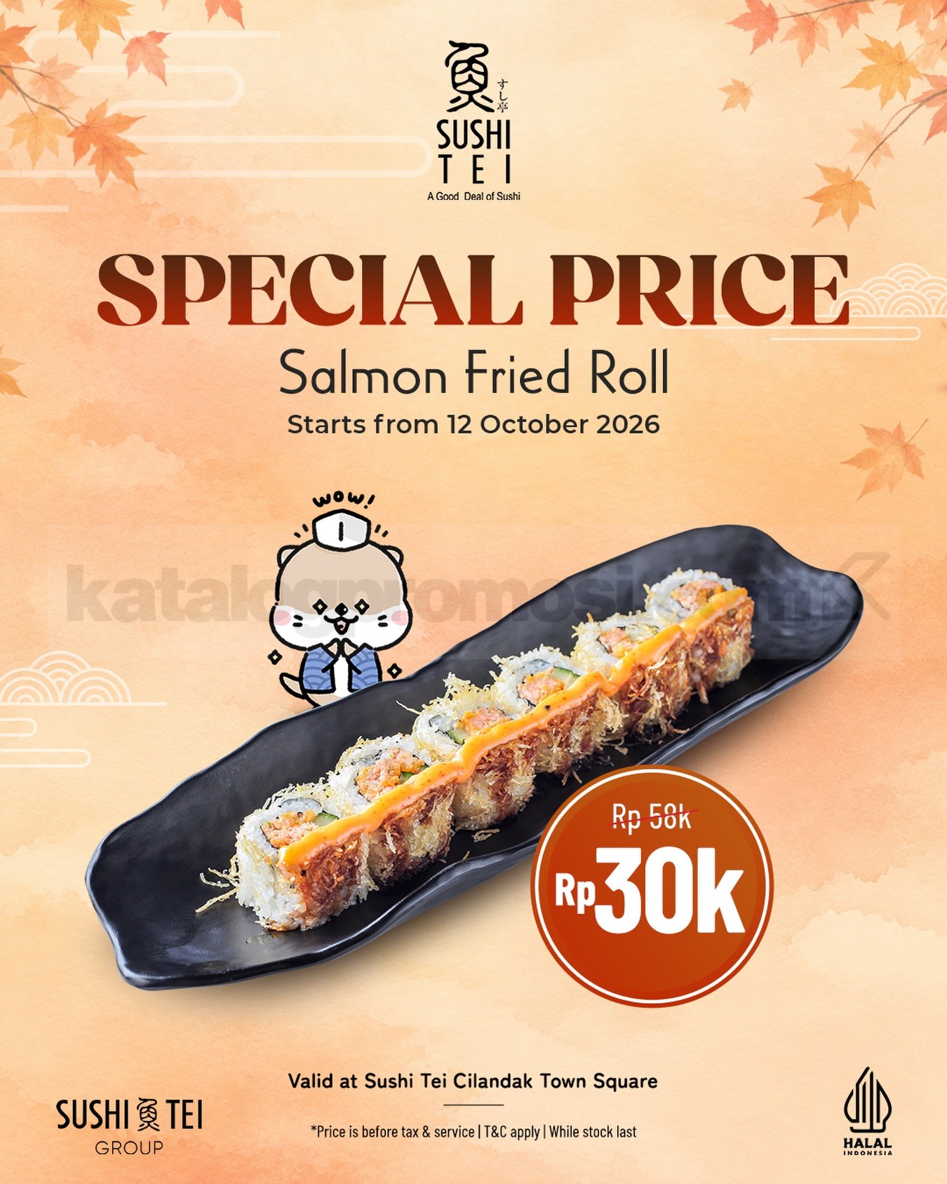 Promo Sushi Tei Salmon Fried Roll Rp30.000 Promo Sushi Tei Salmon Fried Roll Rp30.000 dari harga normal Rp58.000 di Cilandak Town Square.