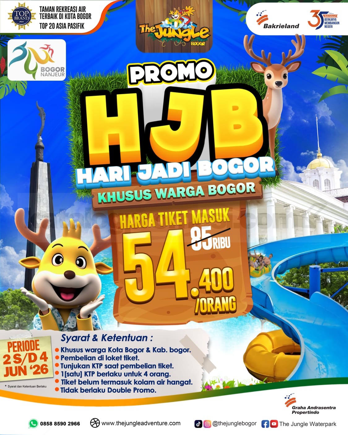 Promo The Jungle Hari Jadi Bogor Tiket Rp. 54.400 Promo The Jungle Hari Jadi Bogor Tiket Rp. 54.400 khusus warga Kota dan Kabupaten Bogor periode 2 hingga 4 Juni 2026.