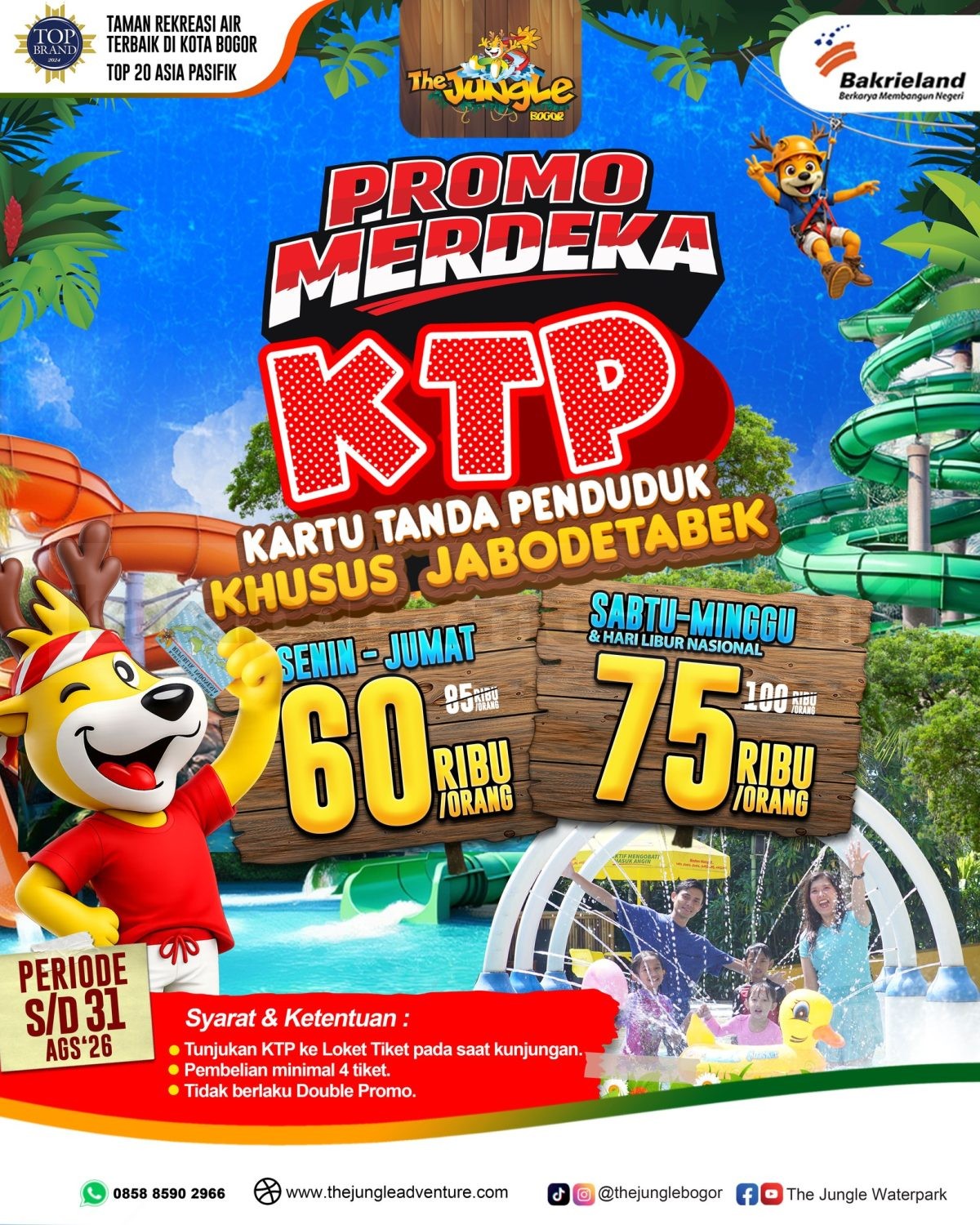 Promo The Jungle KTP Jabodetabek Tiket Mulai Rp. 60.000 Promo The Jungle KTP Jabodetabek Tiket Mulai Rp. 60.000 untuk tiket masuk The Jungle Waterpark Bogor hingga 31 Agustus 2026.