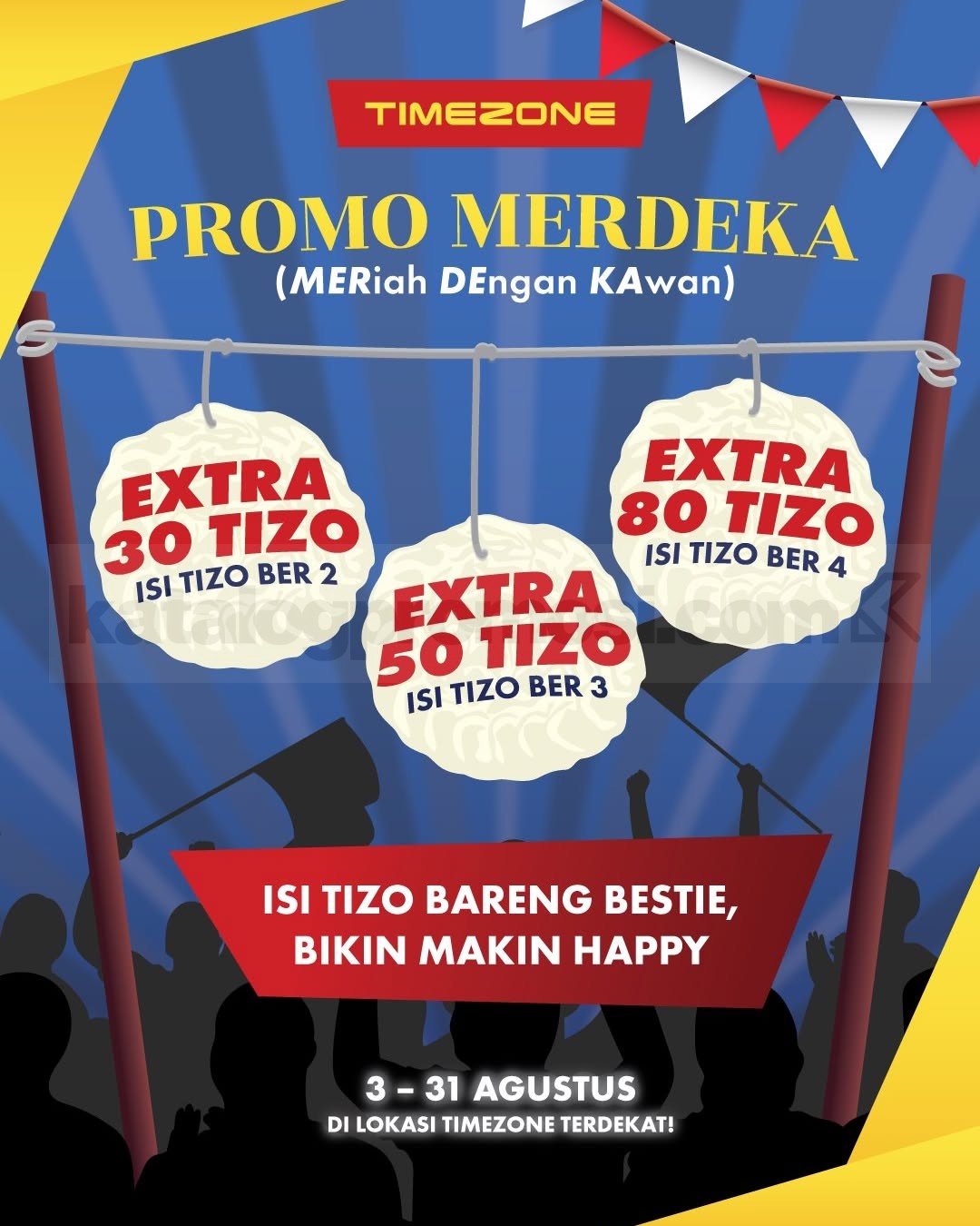 Promo Timezone Merdeka Extra Hingga 80 Tizo Promo Timezone Merdeka Extra Hingga 80 Tizo dengan bonus Tizo untuk top up bersama selama Agustus 2026.