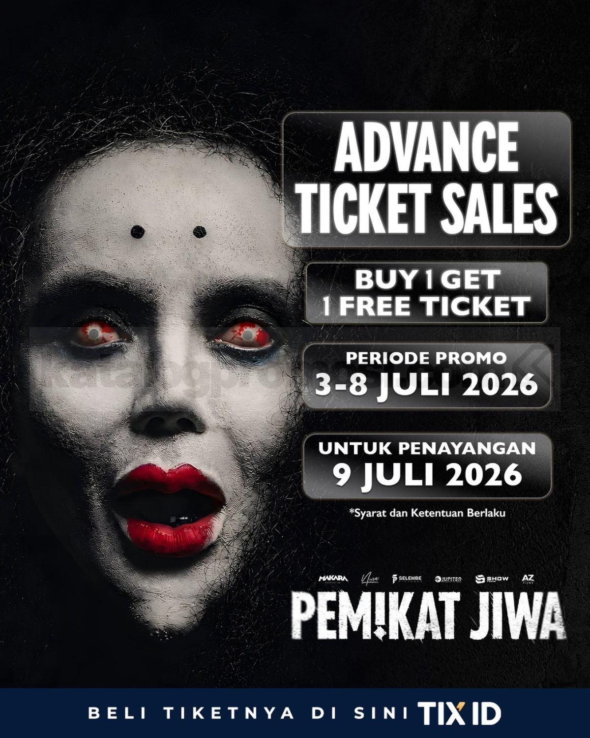 Promo TIX ID Beli 1 Gratis 1 Tiket Pemikat Jiwa Promo TIX ID Beli 1 Gratis 1 Tiket Pemikat Jiwa periode 3 Juli 2026 hingga 8 Juli 2026 melalui aplikasi TIX ID.