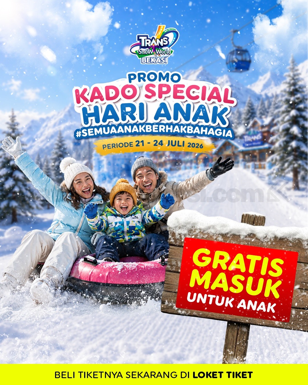 Promo Trans Snow World Bekasi Hari Anak Gratis Tiket Masuk Promo Trans Snow World Bekasi Hari Anak Gratis Tiket Masuk untuk anak usia 0–12 tahun periode 21–24 Juli 2026.