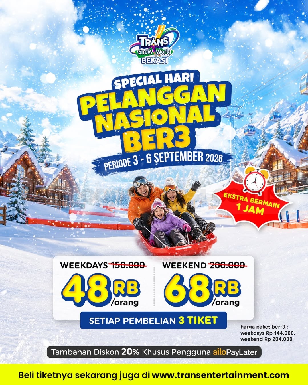 Promo Trans Snow World Bekasi Harpelnas Mulai Rp48.000 Promo Trans Snow World Bekasi Harpelnas mulai Rp48.000 untuk pembelian 3 tiket periode 3-6 September 2026