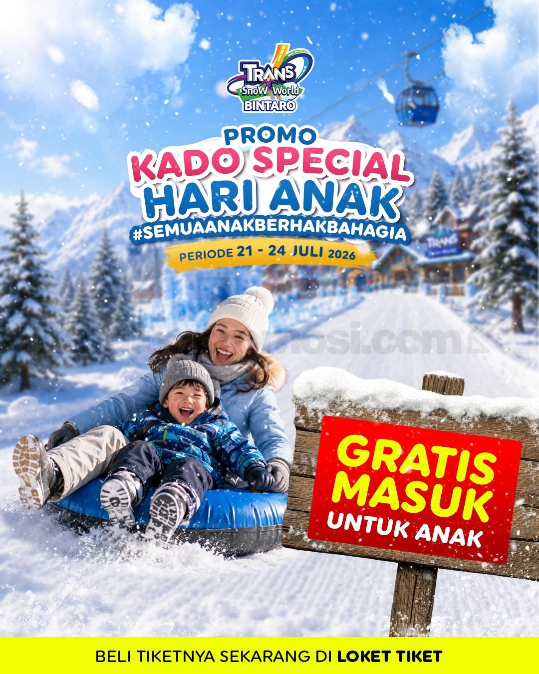 Promo Trans Snow World Bintaro Hari Anak Gratis Tiket Masuk Promo Trans Snow World Bintaro Hari Anak Gratis Tiket Masuk untuk anak usia 0–12 tahun periode 21–24 Juli 2026.