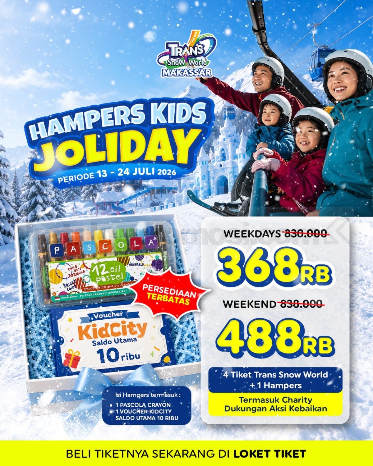 Promo Trans Snow World Makassar Hampers Kids Joliday Rp. 368.000 Promo Trans Snow World Makassar Hampers Kids Joliday Rp. 368.000 dapat 4 tiket dan hampers anak