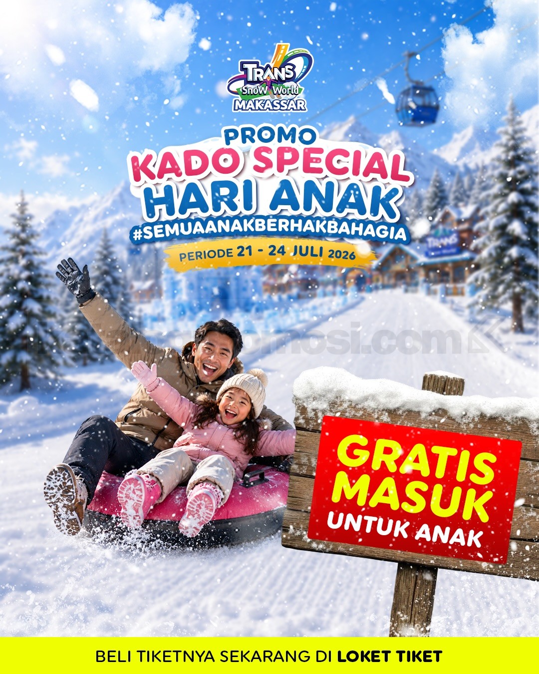 Promo Trans Snow World Makassar Hari Anak Nasional Gratis Tiket Masuk Promo Trans Snow World Makassar Hari Anak Nasional Gratis Tiket Masuk untuk anak usia 0-12 tahun pada 21-24 Juli 2026.