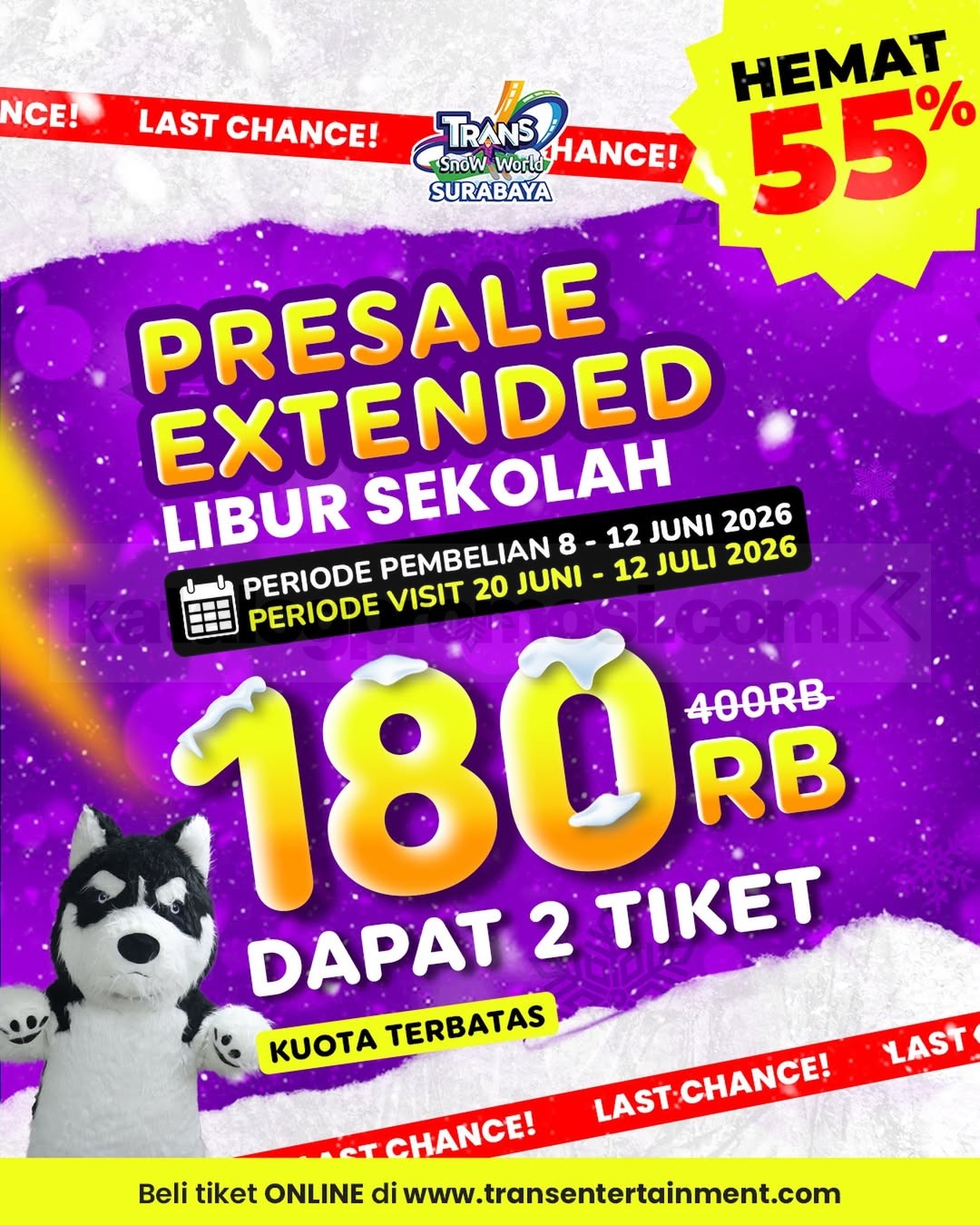 Promo Trans Snow World Surabaya Presale Libur Sekolah Rp. 180.000 Promo Trans Snow World Surabaya Presale Libur Sekolah Rp. 180.000 dapat 2 tiket termasuk chairlift dan boots