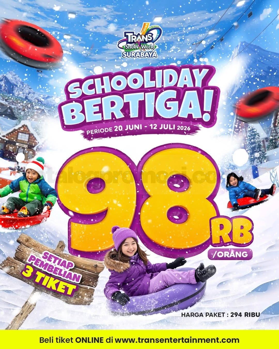 Promo Trans Snow World Surabaya Schooliday Bertiga Rp. 98.000 Promo Trans Snow World Surabaya Schooliday Bertiga Rp. 98.000 per orang untuk pembelian 3 tiket