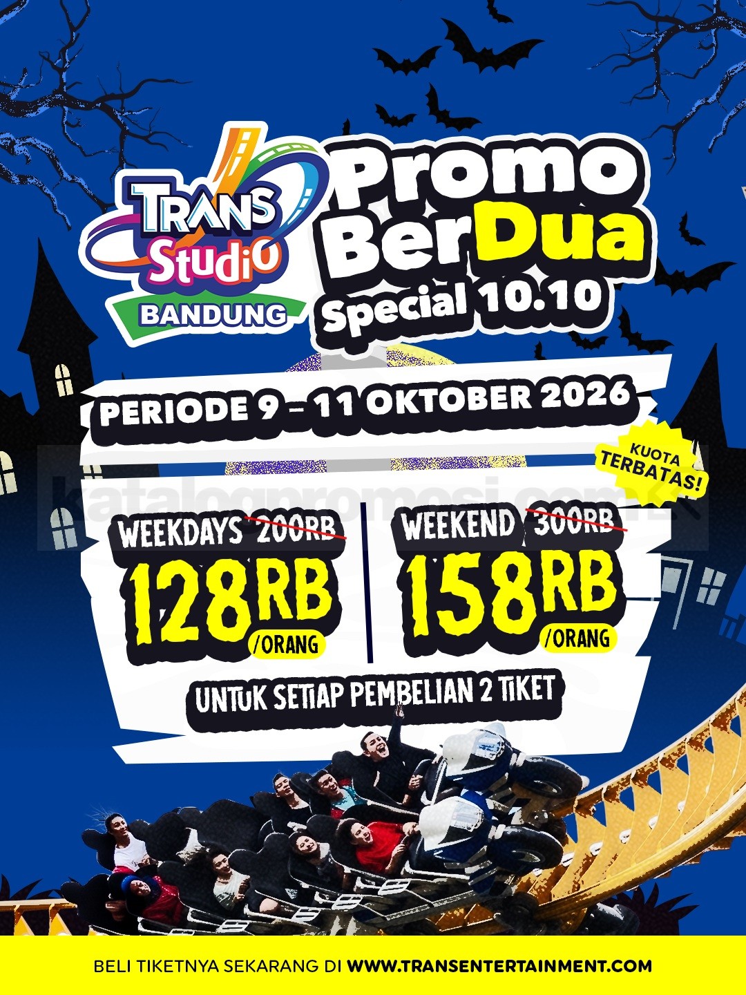 Promo Trans Studio Bandung Berdua Special 10.10 Mulai Rp128.000 Promo Trans Studio Bandung Berdua Special 10.10 dengan tiket mulai Rp128.000 per orang untuk pembelian 2 tiket.