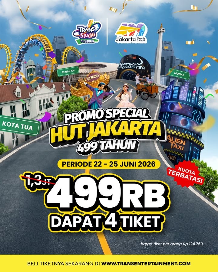 Promo Trans Studio Cibubur HUT Jakarta 499 4 Tiket Rp. 499.000 Promo Trans Studio Cibubur HUT Jakarta 499 4 Tiket Rp. 499.000 dapat 4 tiket masuk