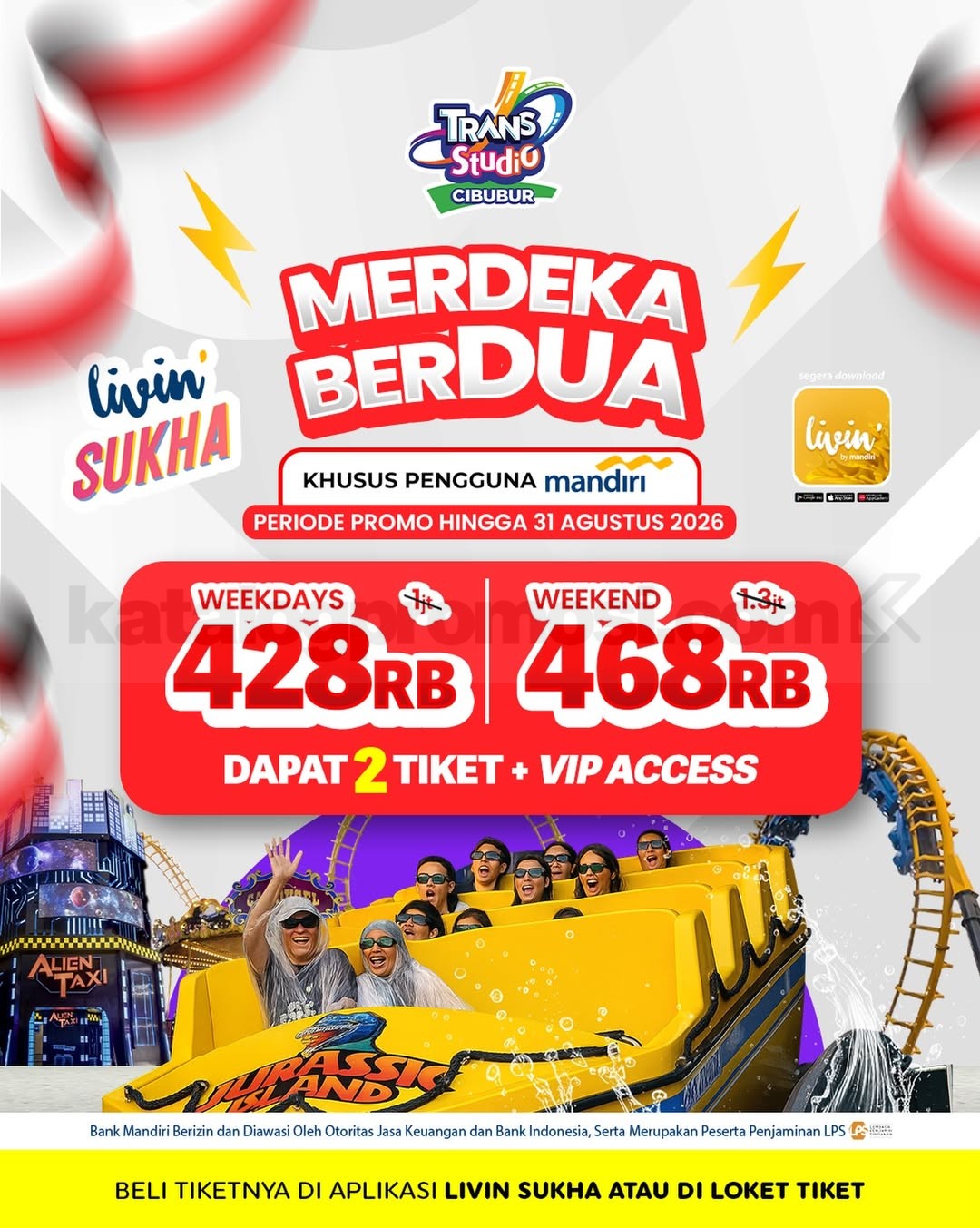 Promo Trans Studio Cibubur Merdeka Berdua Mulai Rp 428.000 Promo Trans Studio Cibubur Merdeka Berdua mulai Rp 428.000 dengan 2 tiket dan VIP Access