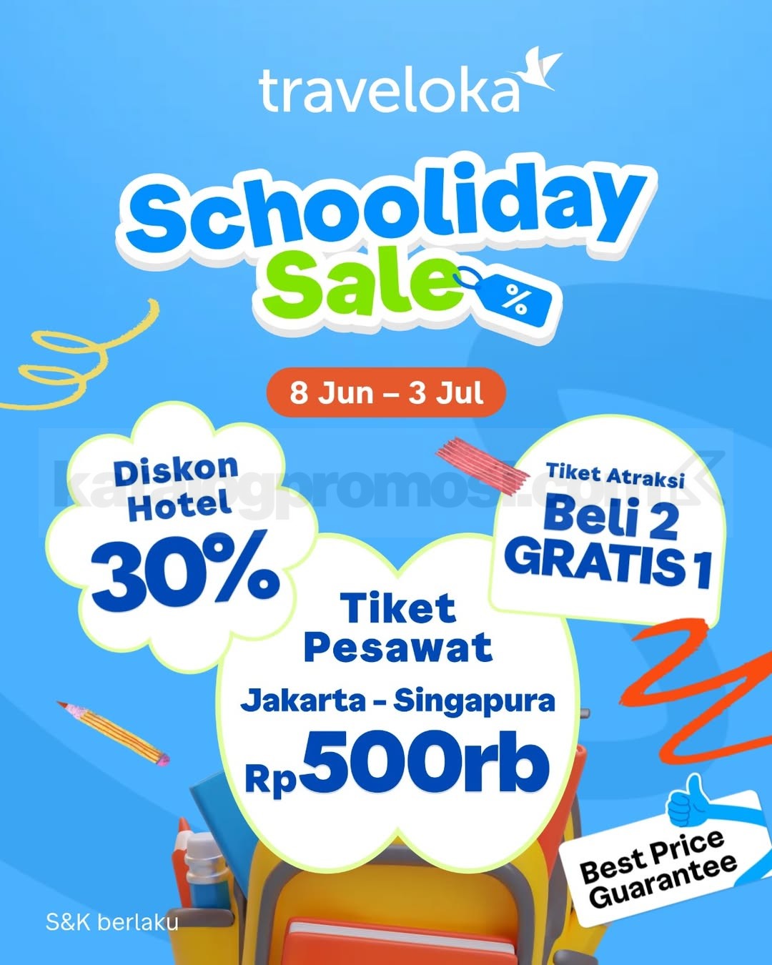 Promo Traveloka Schooliday Sale Tiket Pesawat Rp. 500 ribu Promo Traveloka Schooliday Sale tiket pesawat Rp. 500 ribu dengan diskon hotel, kereta, dan atraksi wisata