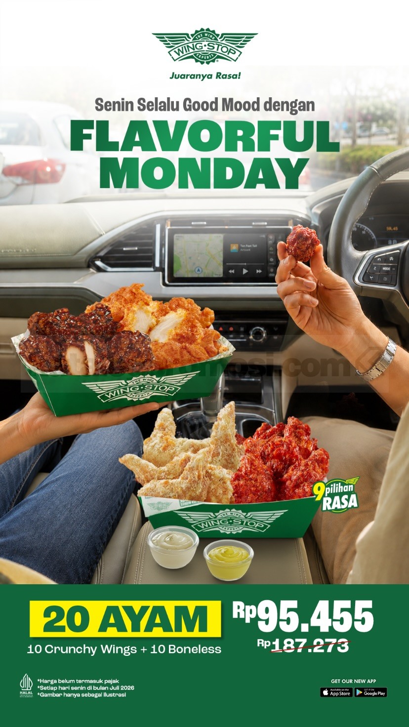 Promo Wingstop Flavorful Monday 20 Ayam Rp. 95.455 Promo Wingstop Flavorful Monday 20 Ayam Rp. 95.455 berisi 10 Crunchy Wings dan 10 Boneless setiap Senin Juli 2026.