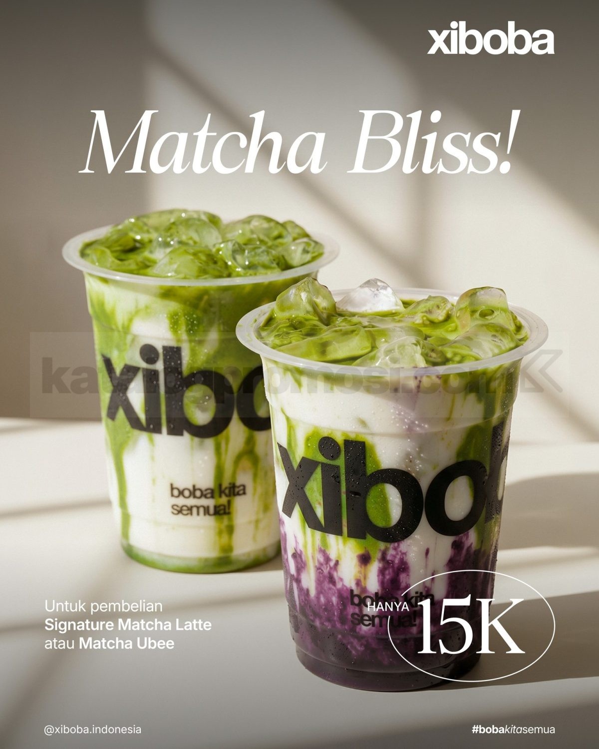 Promo Xiboba Matcha Bliss Signature Matcha Mulai Rp. 15.000 Promo Xiboba Matcha Bliss Signature Matcha mulai Rp. 15.000 untuk Signature Matcha Latte dan Matcha Ubee Xiboba selama Juli 2026.