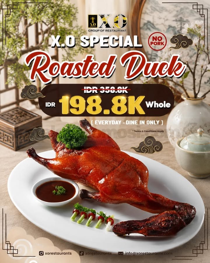Promo X.O Restaurant Roasted Duck Harga Spesial Rp 198.800 Promo X.O Restaurant Roasted Duck harga spesial Rp 198.800 per whole di Surabaya.
